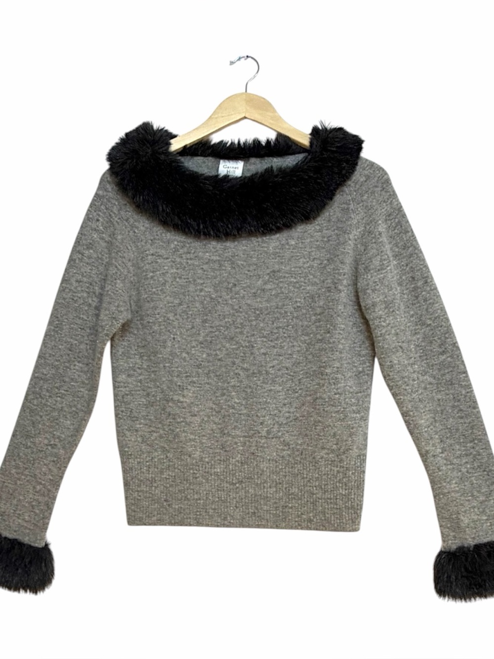 Garnet Hill Angora Lambswool Sweater Faux Fur Trim Gray Black Soft Cozy